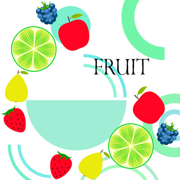Fruits and berries. Colorful cartoon fruit icons: apple, pear, blackberry, strawberry, lime. Vector background. - Vector, Image