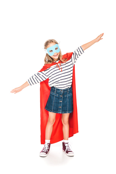 full length view of kid in mask and hero cloak isolated on white - Fotoğraf, Görsel