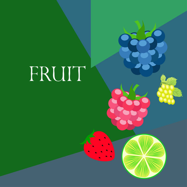 Fruits and berries. Colorful cartoon fruit icons: blackberry, raspberry, grape, strawberr, lime. Vector background. - Вектор, зображення