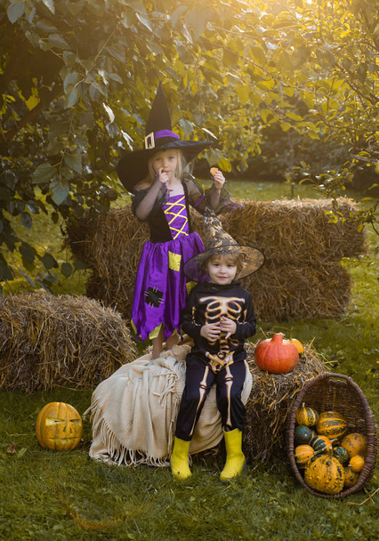 Happy kids on Halloween party. Halloween kids holidays concept. Children sister and brother with pumpkin dressed like skeleton and witch for Halloween party. Halloween on countryside. - Foto, Imagen