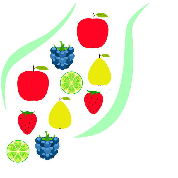 Фрукти та ягоди. Барвисті мультяшні фруктові ікони: яблуко, груша, ожина, полуниця, лайм. Векторний фон
. - Вектор, зображення