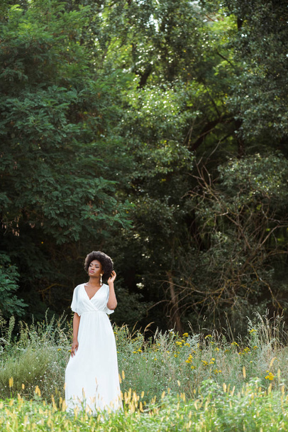 messa a fuoco selettiva di bella ragazza afro-americana toccare i capelli ricci in campo con fiori di campo
  - Foto, immagini