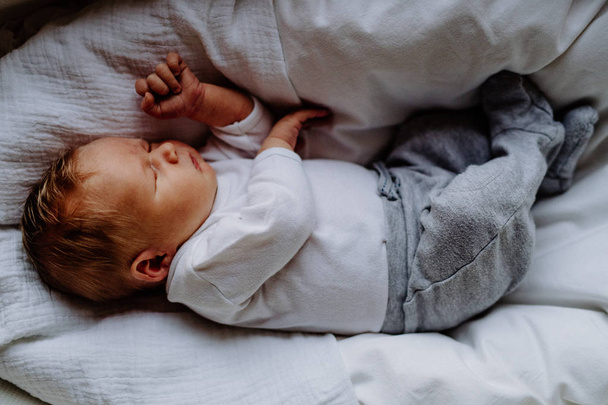 A close-up of a sleeping newborn baby at home., top view. - Valokuva, kuva