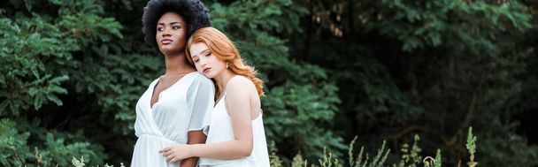 panoramic shot of redhead girl hugging african american friend outside  - Foto, afbeelding