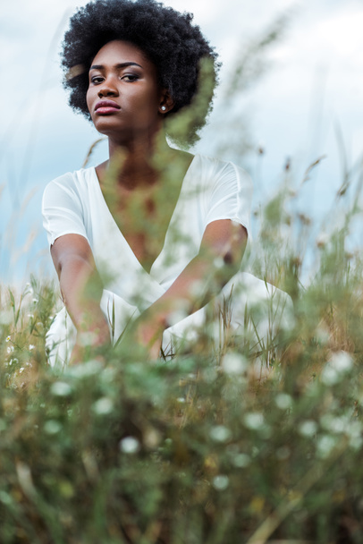 selective focus of pretty african american woman in green field  - Zdjęcie, obraz