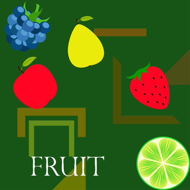 Fruits and berries. Colorful cartoon fruit icons: apple, pear, blackberry, strawberry, lime. Vector background. - Vektör, Görsel