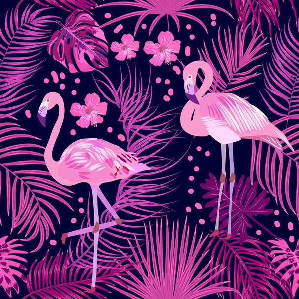 Flamingo ile vektör tropikal orman Dikişsiz desen, palmiye ağacı - Vektör, Görsel