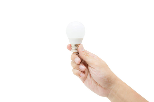 Uomo mano tenuta lampadina a LED isolato su sfondo bianco, sa
 - Foto, immagini