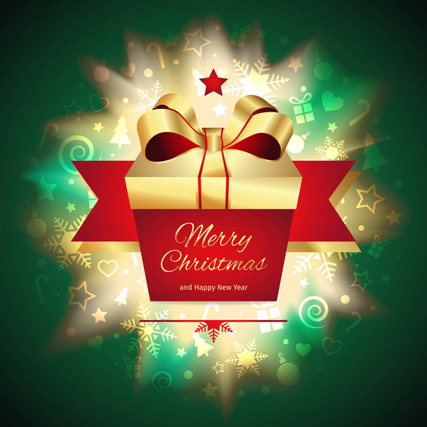 Christmas greeting card, gift box with gold ribbon, vector illustration - Vector, imagen