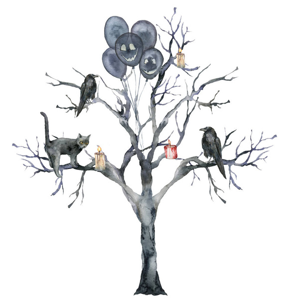 Carte halloween aquarelle avec arbre, chat et corbeau. Modèle de vacances peint à la main avec bougie, ballon à air et bois isolé sur fond blanc. Illustration pour la conception, l'impression ou le fond
. - Photo, image