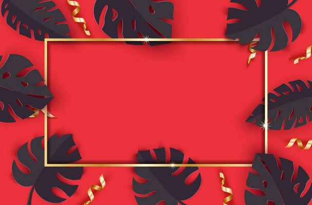 Black summer tropical leaves and gold serpentine on red background in paper cut style. Craft jungle plants collection with frame and confetti. Vector card illustration black friday promotion design - ベクター画像