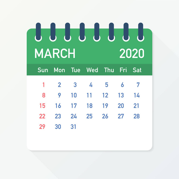 Март 2020 Календарный лист. Календарь 2020 в плоском стиле. Векторная иллюстрация
. - Вектор,изображение
