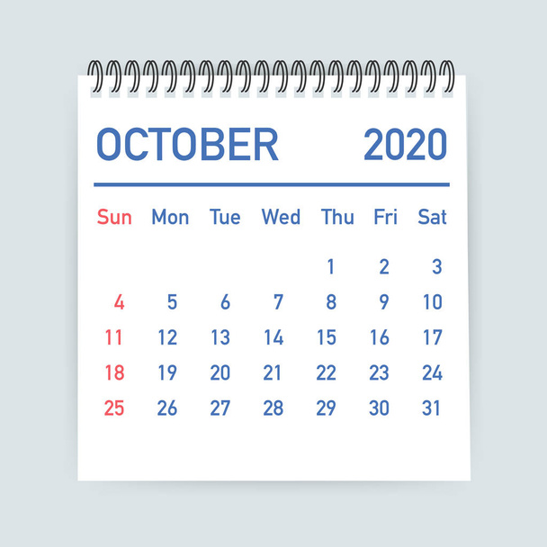 October 2020 Calendar Leaf. Calendar 2020 in flat style. Vector illustration. - Vettoriali, immagini