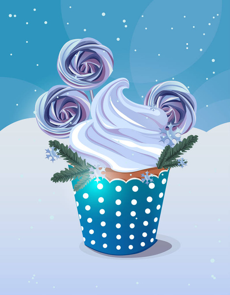 delicious vector christmas cake decorated with meringues and spruce branches - Vector, imagen