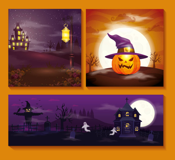 definir cartões com cenas de Halloween
 - Vetor, Imagem