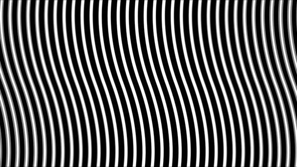 Abstracción con líneas onduladas planas blancas simples que se estrechan sobre fondo negro. Animación. Flexión de rayas azules, superficie ondulada abstracta móvil y cambiante, monocromo
. - Foto, imagen