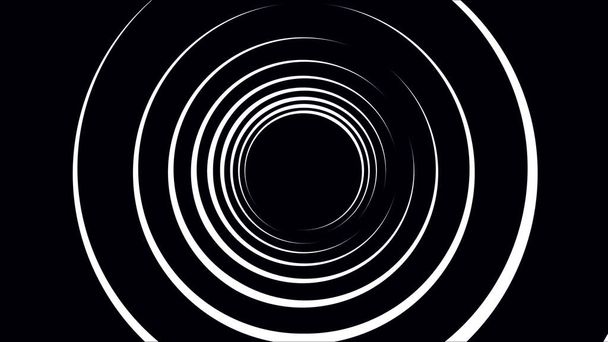 Чорно-білий нескінченний тунель кіл рухається повільно на чорному тлі. Анімація. Пролітаючи через монохромний тунель кілець, безшовна петля
. - Фото, зображення