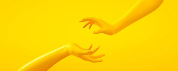 3d rendering illustration of yellow hands. Human body parts. Concept scene for graphic design projects. Shiny plastic glossy material. Horizontal orientation banner. - Photo, Image
