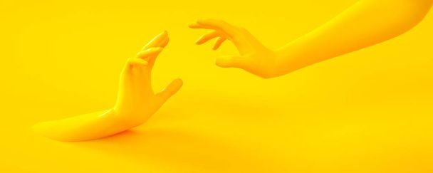 3d rendering illustration of yellow hands. Human body parts. Concept scene for graphic design projects. Shiny plastic glossy material. Horizontal orientation banner. - 写真・画像