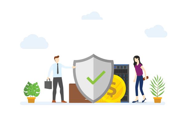 Концепция защиты бизнеса с большим щитом защитить деньгами и данными, чтобы обеспечить с современным плоским стилем - вектор
 - Вектор,изображение
