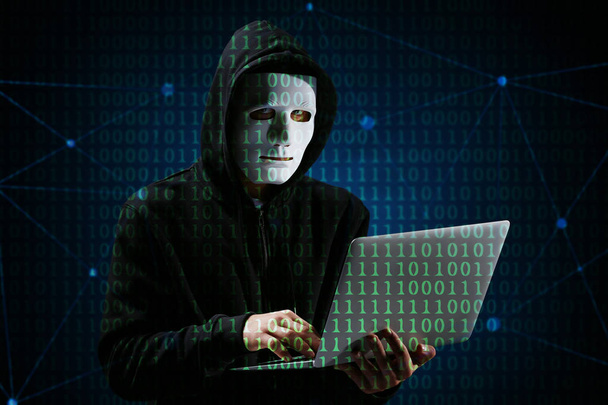 Professional hacker cracking binary code on dark background. Concept of internet theft - Фото, зображення