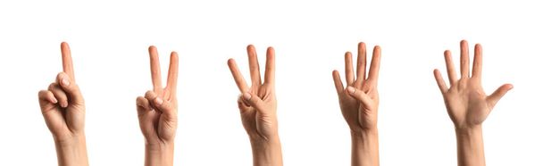 Naisten kädet näytetään numerot valkoisella taustalla
 - Valokuva, kuva