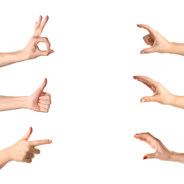 Gesturing naisten kädet valkoisella taustalla
 - Valokuva, kuva