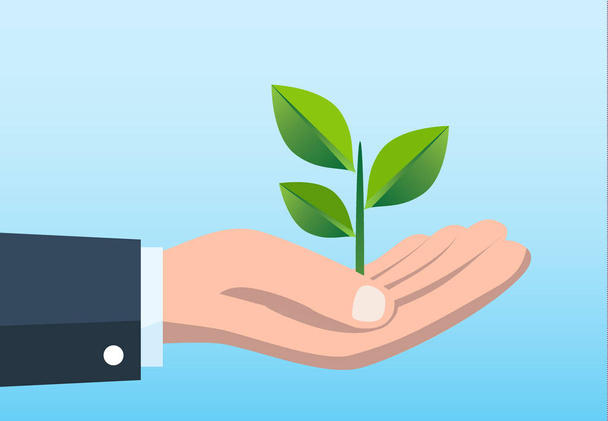 business man hand holding plant on blue background, green environmental, ecology - Vector, Image