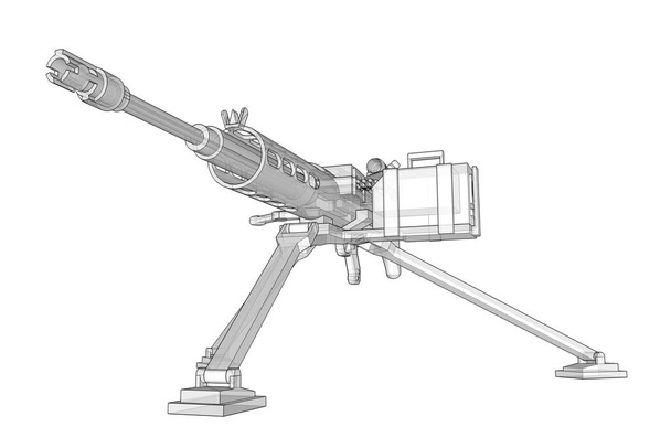 Duży karabin maszynowy na statywie z pełną amunicją kasety na białym tle. Schematyczna ilustracja broni w liniach konturowych z przezroczystym korpusie. ilustracja 3D. - Zdjęcie, obraz
