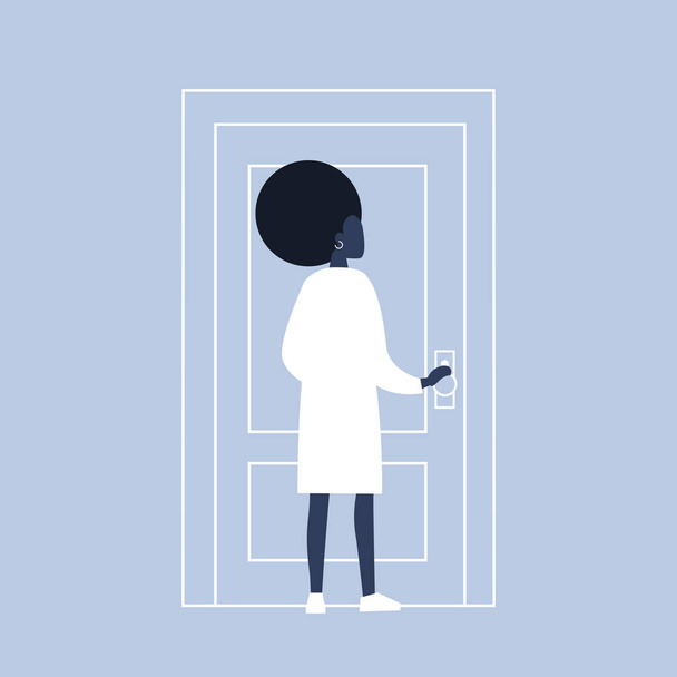 Young black female character holding a door knob. Entering the b - Vektor, obrázek