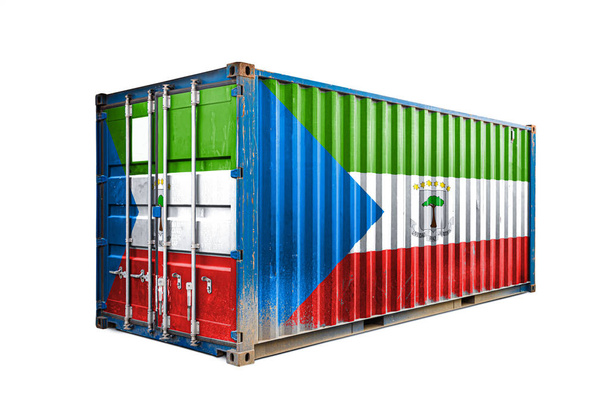  Conceito de Guiné Equatorial exportação-importação, transporte de contentores e entrega nacional de mercadorias. O contentor transportador com a bandeira nacional da Guiné Equatorial, vista frontal
 - Foto, Imagem