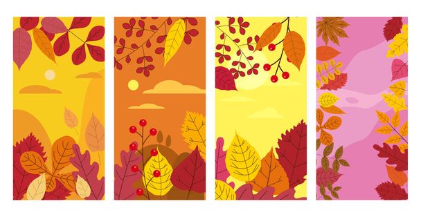 Sonbahar düşmüş renkli sonbahar şablonları ayarlayın turuncu sarı yeşillik bırakır. Arka planlar sosyal medya hikayeleri afiş. Etkinlik daveti, ürün kataloğu, reklam için şablon. Vektör izole - Vektör, Görsel