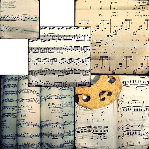 Collage de photographies représentant des partitions musicales
  - Photo, image