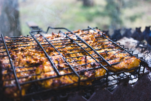 Grilled marinated chicken on a metal grid - Photo, Image