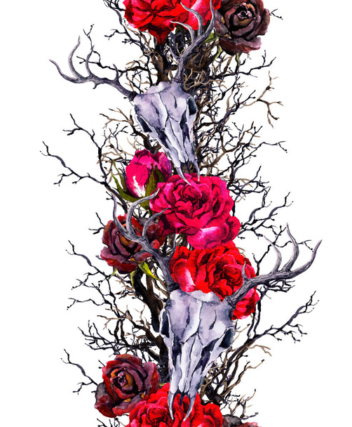 Deer animal skulls with rose flowers, branches. Seamless border frame. Watercolor - Фото, зображення