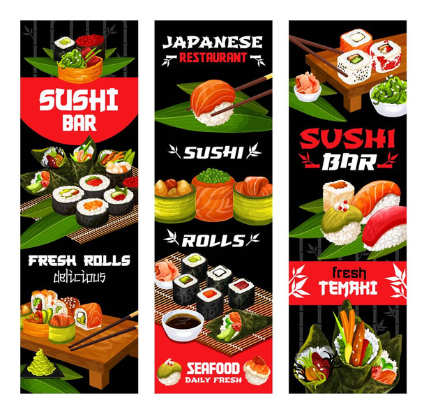 Πιάτα με σούσι, ιαπωνική κουζίνα εστιατορίου - Διάνυσμα, εικόνα