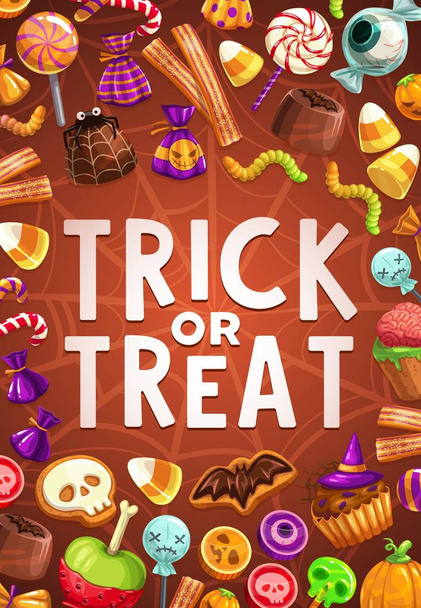 Halloween candies and sweets with spider net - Vector, Image