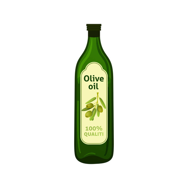 Olive oil bottle with brand label. Isolated flat vector element for advertising placard or banner. Vector illustration on white background - Vektor, Bild