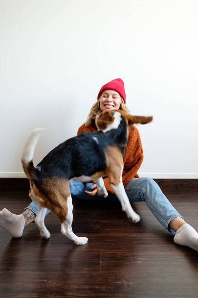 Girl in a sweater at home plays with a dog - Photo, image