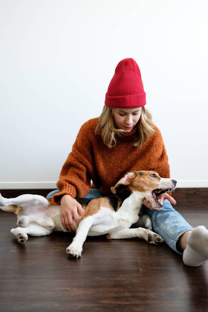 Girl in a sweater at home plays with a dog - Foto, imagen