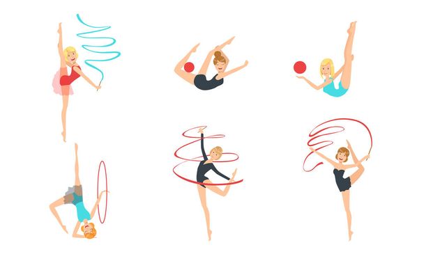 Колекція гімнастських дівчат Виконання елементів художньої гімнастики з кульками та стрічками Векторна ілюстрація
 - Вектор, зображення