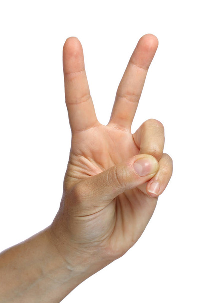 Рука робить v Перемоги або показує номер 2 ізольовано на білому тлі
 - Фото, зображення