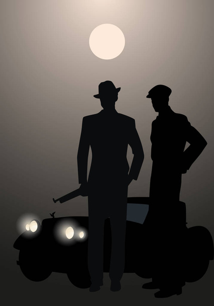 Homens de estilo retro silhuetas, usando chapéu e boné. Gangsters com submetralhadora e carro velho no fundo
. - Vetor, Imagem