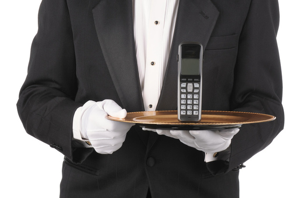 Butler with Phone on Tray - Foto, immagini