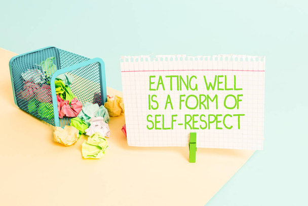 Text sign showing Eating Well Is A Form Of Self Respect. Conceptual photo a quote of promoting healthy lifestyle Trash bin crumpled paper clothespin empty reminder office supplies tipped. - 写真・画像