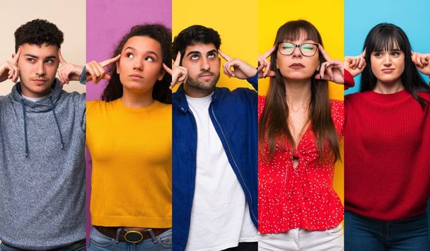 Set of people over colorful backgrounds having doubts and thinking - Photo, Image