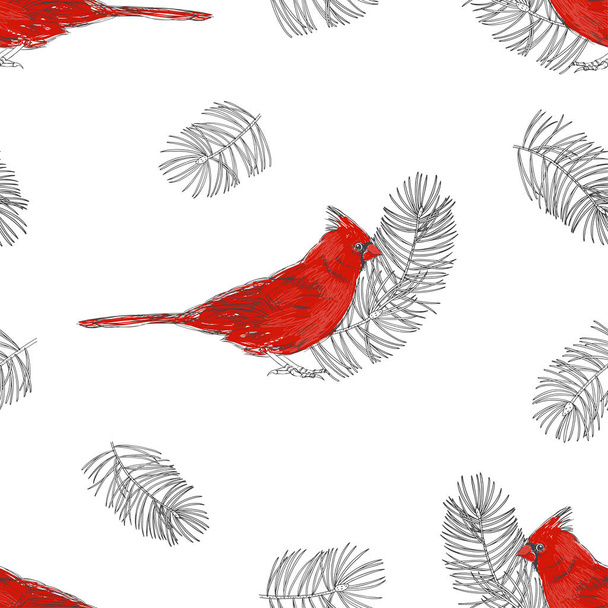 Seamless pattern with cardinal bird and pine branches on a white background. Vector. Perfect for greeting cards, invitations, and wallpaper, wrapping, textile. - Vector, Image