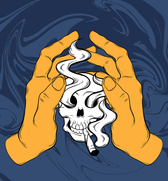 Vector hand drawn illustration of human skull with cigarette isolated. - Vector, imagen
