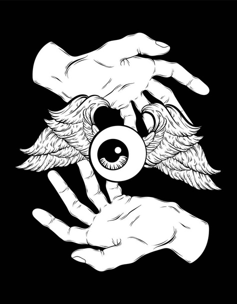 Vector hand drawn illustration of human eye with wings and human hands isolated. - Вектор,изображение