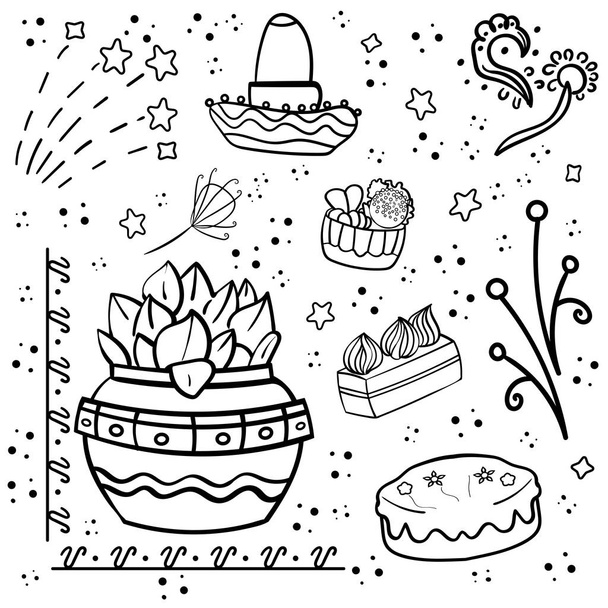 Set Mexican Party. Mexican traditional holiday. Coloring page adult and kids. Cinco de Mayo Mexican traditional fiesta and Mexico holiday. - Vector. Vector illustration - Vektori, kuva